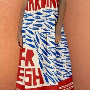 Blue and Red Fish Print Maxi Dress